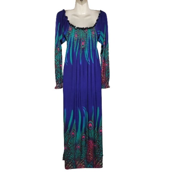 Long Sleeve Maxi Dress Peacok Motif Long Dress - One Size Fits Most- NEW ! - Picture 3 of 10